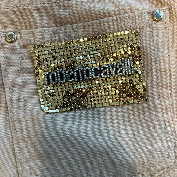 Roberto Cavalli Tan Cotton Stretch Gold Metal Pocket Logo Straight Pants Size 8 - Picture 3 of 11